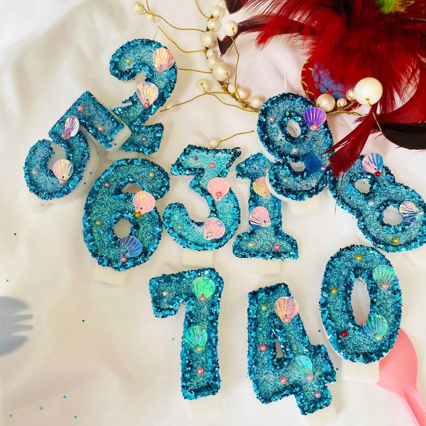 Blue Number Candle,Shell Sequins Number Candles for Birthday Cakes Mermaid Themed Party Supplies Number 0 Candle