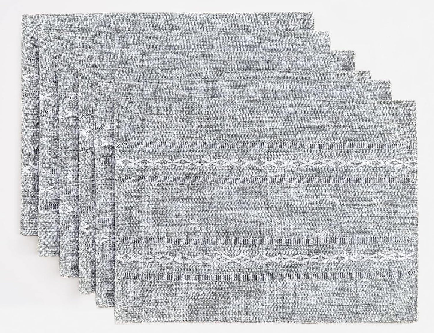 Wracra Cotton Linen Placemats, 12 x 18 Inch Set of 6 Placemats Rustic Hemstitch Place Mats for Kitchen Table and Heat Resistant-Hemstitch Grey