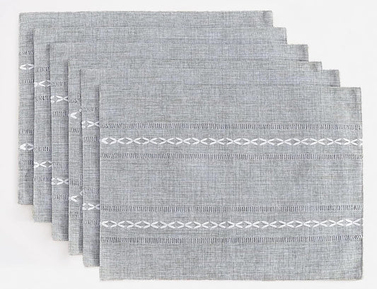 Wracra Cotton Linen Placemats, 12 x 18 Inch Set of 6 Placemats Rustic Hemstitch Place Mats for Kitchen Table and Heat Resistant-Hemstitch Grey