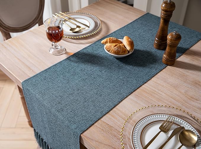 ZeeMart Blue Table Runners 108 Inches Long, Burlap Linen Style Rustic Farmhouse Table Runner, Long Boho Dining Table Runner, 13x108 Inches, Blue