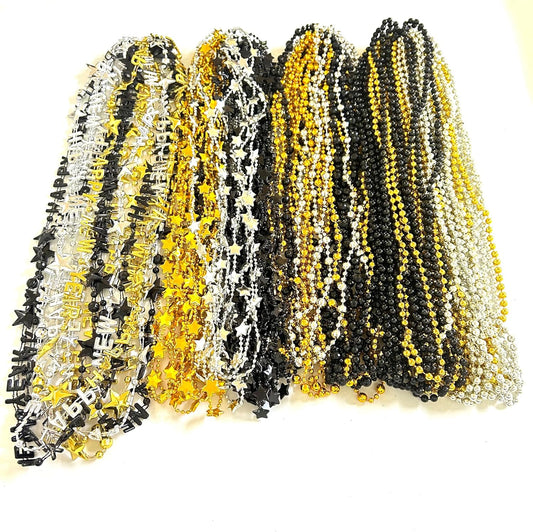 81 Pcs Happy New Year Beads Necklaces - Black, Gold, Silver - New Year Eve Bulk Accessories & Decorations
