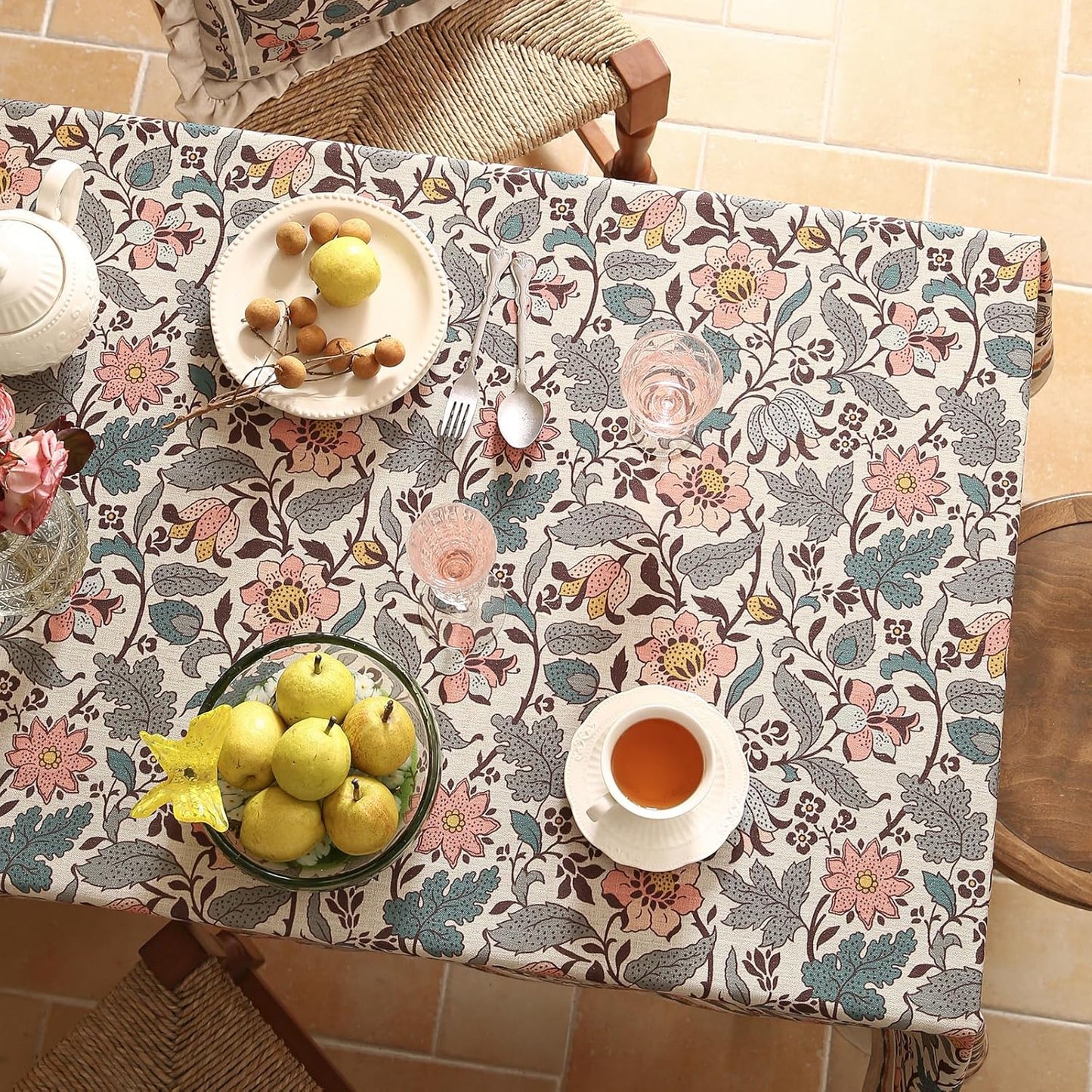 ISAENNE Designer Boho Floral Extra Long Tablecloth Rectangle,Linen Lotus Flower Pattern Colorful Table Cloth,Durable Decor Tablecloths for Dining Thanksgiving Kitchen Christmas,63"*110"-Hazel A