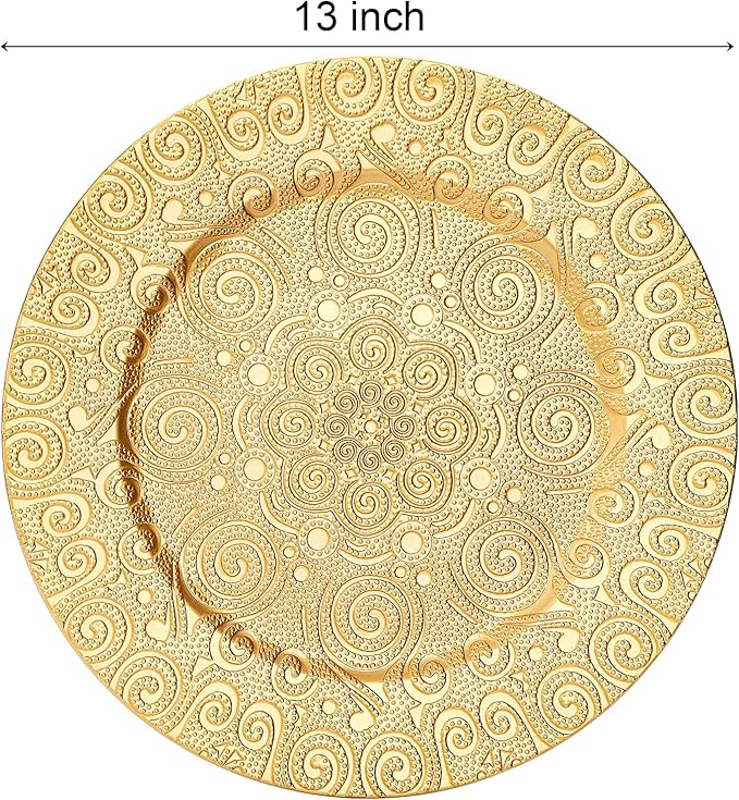 SOUJOY 12 Pack Gold Charger Plates, 13 Inch Plastic Dinner Plate, Reusable Round Phoenix Pattern Elegant Serve Ware Plates for Weddings, Parties, Anniversary, Thanksgiving