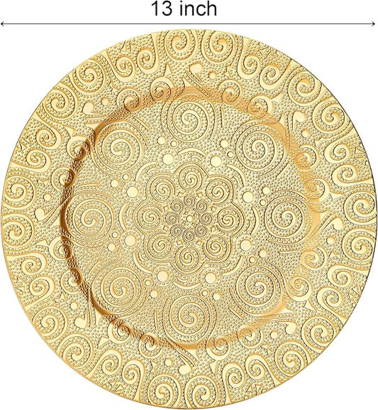 SOUJOY 12 Pack Gold Charger Plates, 13 Inch Plastic Dinner Plate, Reusable Round Phoenix Pattern Elegant Serve Ware Plates for Weddings, Parties, Anniversary, Thanksgiving