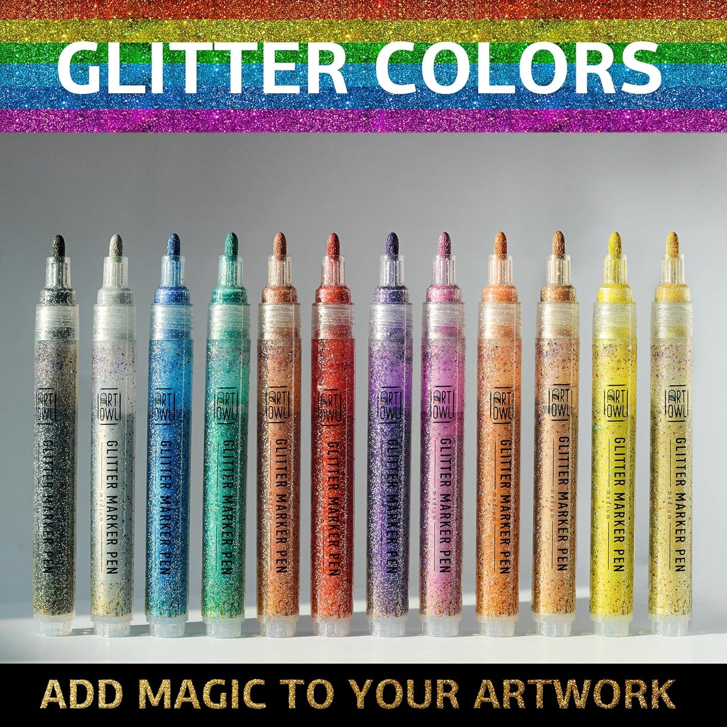 Acrylic Glitter Paint Marker Pens, Medium Pens for Rock Painting, Stone, Ceramic, Glass, Wood, Fabric, Card Making, Canvas, DIY Crafts - Set of 12 Sparkle Paint Markers