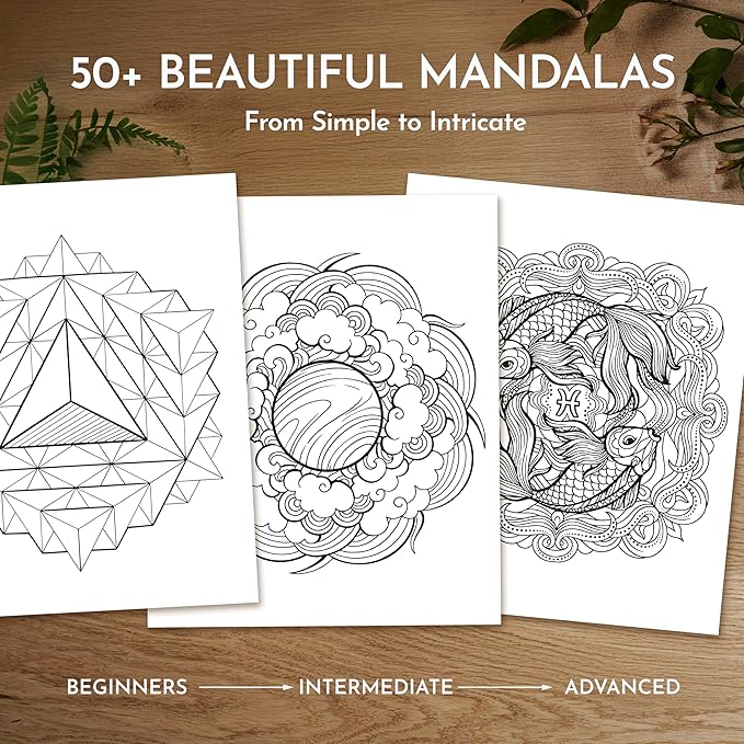 RYVE Mandala Coloring Book for Adults – 50 Unique Designs, Spiral Bound, Stress Relief & Relaxation Mindfulness Art Therapy | No-Bleed Paper | Easy-to-Tear Pages for Framing
