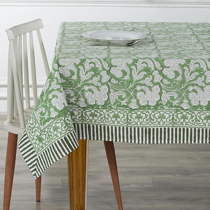 Ridhi - Hand Block Print Cotton Cloth Dinning Table Cover Wedding Farmhouse Thanks Giving Christmas Spring Tablecloth (Sage Green, 10 Seater 80x120 Inches)