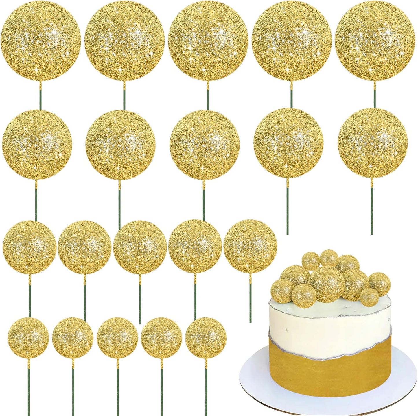 BEISHIDA 20 PCS Gold Glitter Bling Mini Ball Cake Toppers Foam Cake Balls Decoration Supplies for Happy Birthday Anniversary Wedding Baby Shower Graduation Christmas Cake Decorations