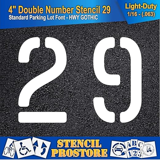 Pavement, Curb, and WheelStop Stencils - 4 inch Double Number Stencil - (29) - 4" x 5.5" x 1/16" (63 mil) - Light-Duty