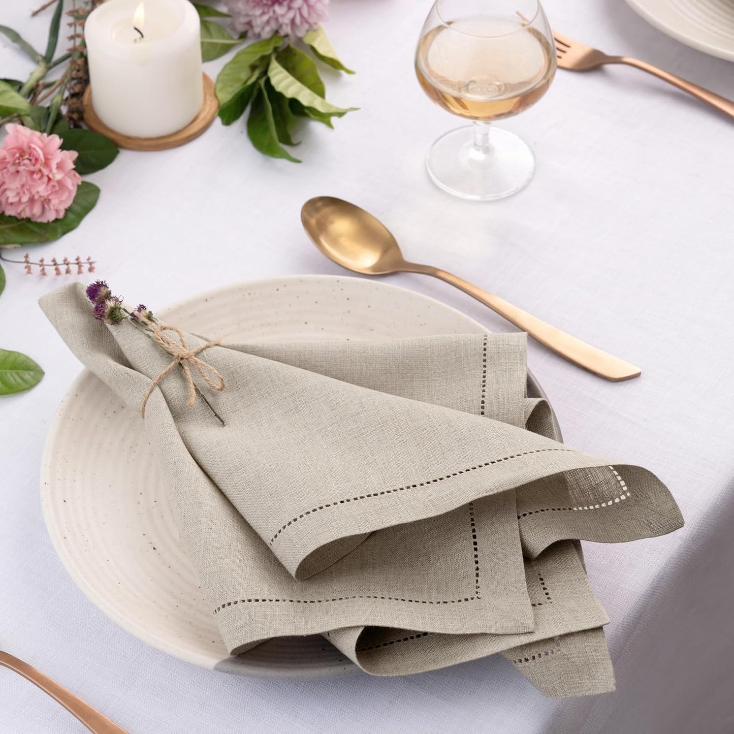 D'Moksha Homes Natural Linen Napkins Set of 6 - Classic Hemstitch 100% Pure Linen Hemstitch Dinner Napkins 20 x 20 Inch for Fall, Thanksgiving, Christmas, Holiday - Handcrafted and Machine Washable