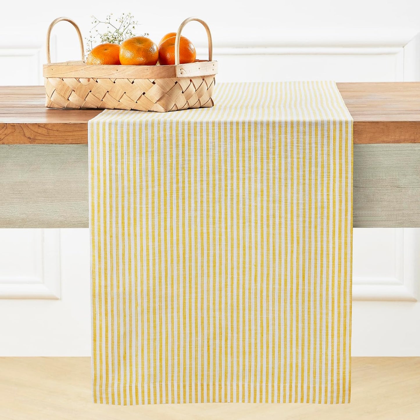 Solino Home Linen Table Runner 132 Inches Long - Narrow Stripe, 100% Pure Linen Spicy Mustard and White Table Runner 14 x 132 Inch for Dining