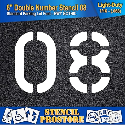Pavement, Curb, and WheelStop Stencils - 6 inch Double Number Stencil - (08) - 6" x 9" x 1/16" (63 mil) - Light-Duty