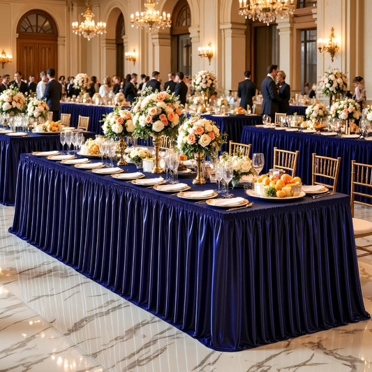 Wish Care 17ft Navy Blue Satin Table Skirt for Rectangle Tables Wrinkle Free Glitter Desk Skirts Pleated Ruffle Table Cloth for Wedding Birthday Baby Shower Party Banquet Buffet Cake Table Decorations
