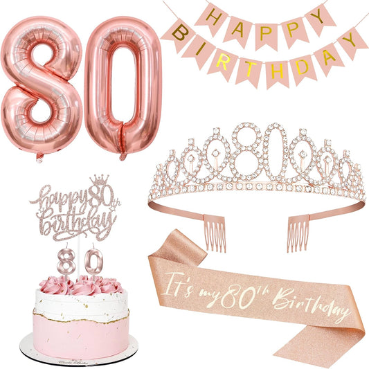 80th Birthday Decorations for Women, Including 80th Tiara and Sash, Happy Birthday Banner, Cake Toppers, Number Candles and Balloons Set, Rose Gold