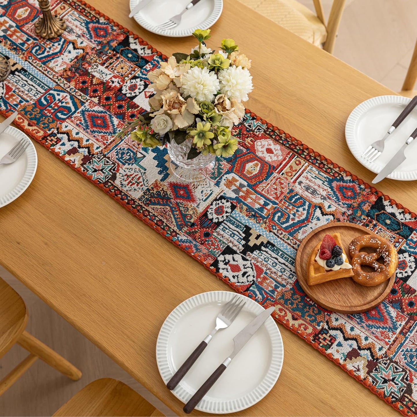 Boho Embroidery Table Runner, Geometry Fall Kitchen Dining Table Decoration for Home Party Decor 13x60Inch