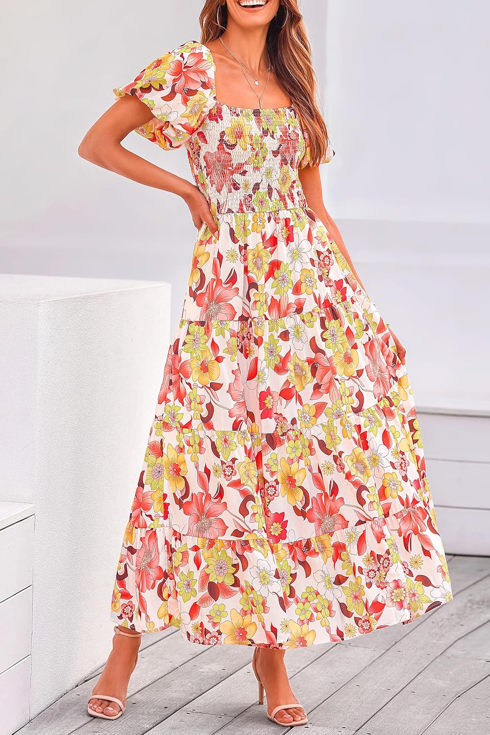 PRETTYGARDEN Women's Casual Summer Midi Dress Puffy Short Sleeve Square Neck Smocked Tiered Ruffle Dresses