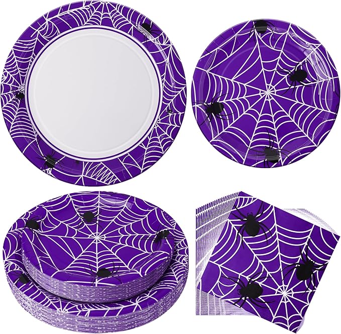 Paper Plates & Napkins, 25 Guest Disposable Party Supplies, Spider Webs and Spider Patterns Tableware Decorations Favors, 75pcs Including 9" & 7" Plates & Napkins for Halloween, Birthday, and Parties