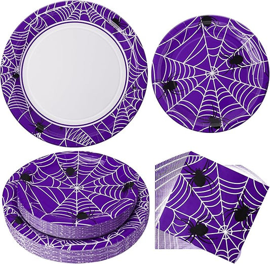 Paper Plates & Napkins, 25 Guest Disposable Party Supplies, Spider Webs and Spider Patterns Tableware Decorations Favors, 75pcs Including 9" & 7" Plates & Napkins for Halloween, Birthday, and Parties