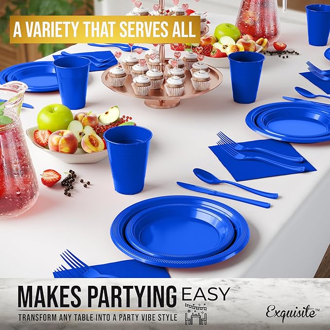 350 Pcs Dark Blue Plastic Plates For Party, Dark Blue Disposable Plates Set, 50 Of Each 9" Dinner Plate Set, 7" Dessert Plate, Cups, Napkins & Cutlery Plastic Dinnerware Exquisite