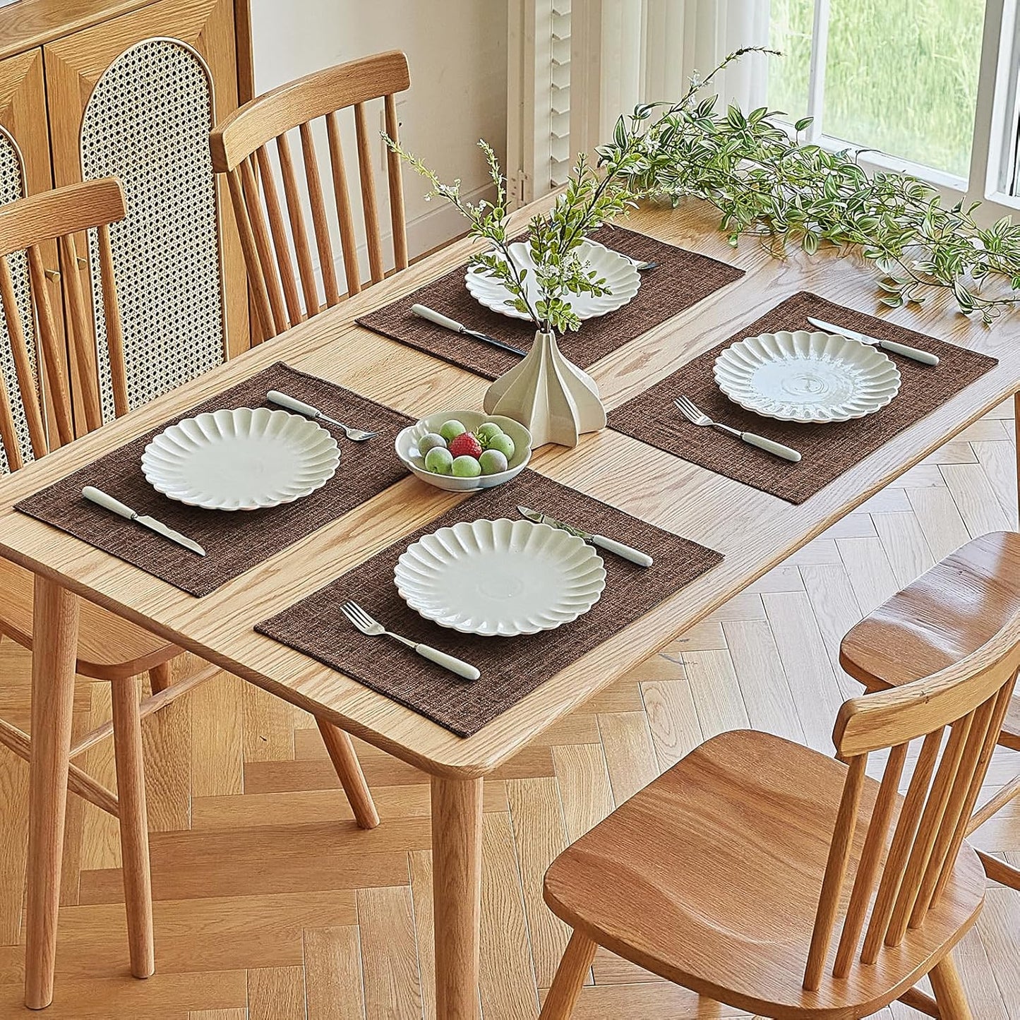 Softalker Faux Linen Placemats Set of 12-12 x 18 Inch, Heat Resistant Double Layered Durable Burlap Farmhouse Place Mats, Non-Slip Washable Rustic Table Mats for Dining, Kitchen, Party（Dark Brown