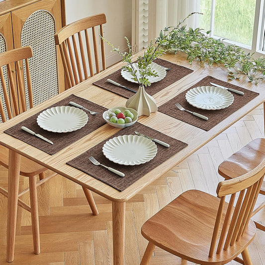 Softalker Faux Linen Placemats Set of 12-12 x 18 Inch, Heat Resistant Double Layered Durable Burlap Farmhouse Place Mats, Non-Slip Washable Rustic Table Mats for Dining, Kitchen, Party（Dark Brown
