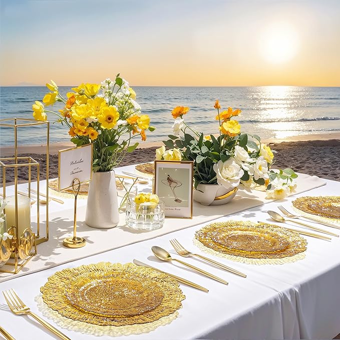 U-QE 60PCS Clear Yellow Plates - Yellow Plastic Plates Disposable&Reusable - Heavy Duty Plastic Plate for Party&Wedding Including 30 Dinner Plate 10" & 30 Appetizer 7"