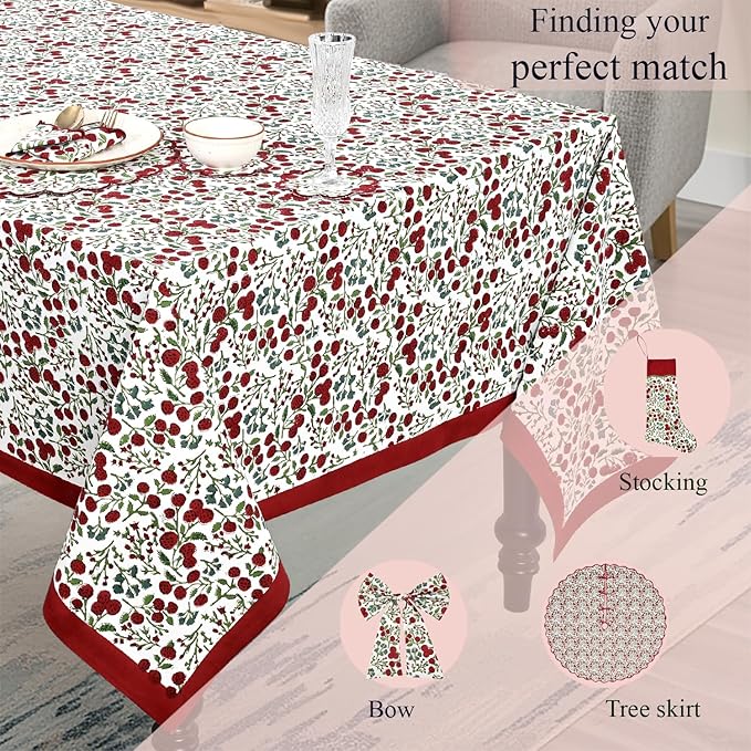 Ridhi Hand Block Print Garnet Red Rectangle Cotton Tablecloth 108" x 70" Reusable Table Cover Decorative Everyday Use for Dining, Farmhouse, Home Gift for Spring, Easter, Valentine