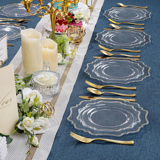 COLOSUS 100pcs Clear and Gold Plastic Plates Disposable Heavy duty Plastic Party Plates set Include 50 dinner plate and 50 dessert/salad plate for party/wedding