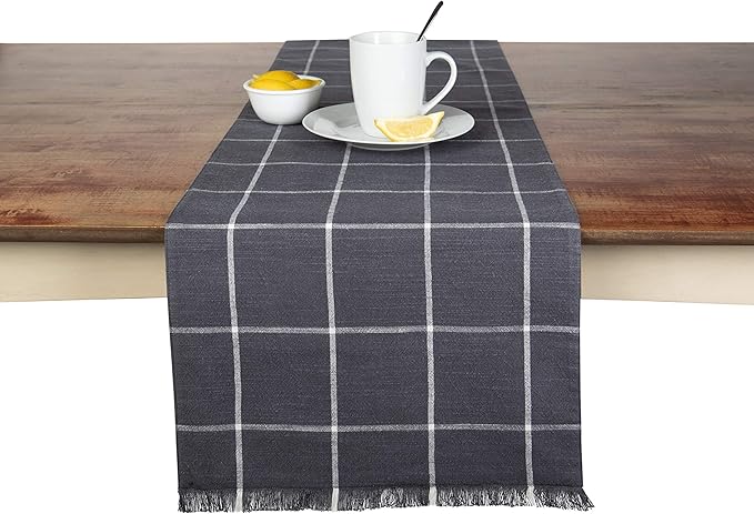 Sticky Toffee Cotton Table Runner 14x72 in – Gray Plaid Woven Table Décor for Kitchen or Dining Room, Farmhouse Style, Oeko-Tex Cotton