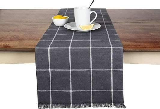 Sticky Toffee Cotton Table Runner 14x72 in – Gray Plaid Woven Table Décor for Kitchen or Dining Room, Farmhouse Style, Oeko-Tex Cotton