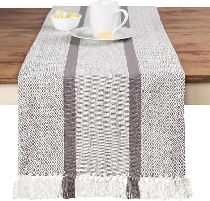 Sticky Toffee Cotton Table Runner, 14 x 72 Inch, Gray Woven Farmhouse Boho Striped Table Décor for Kitchen or Dining
