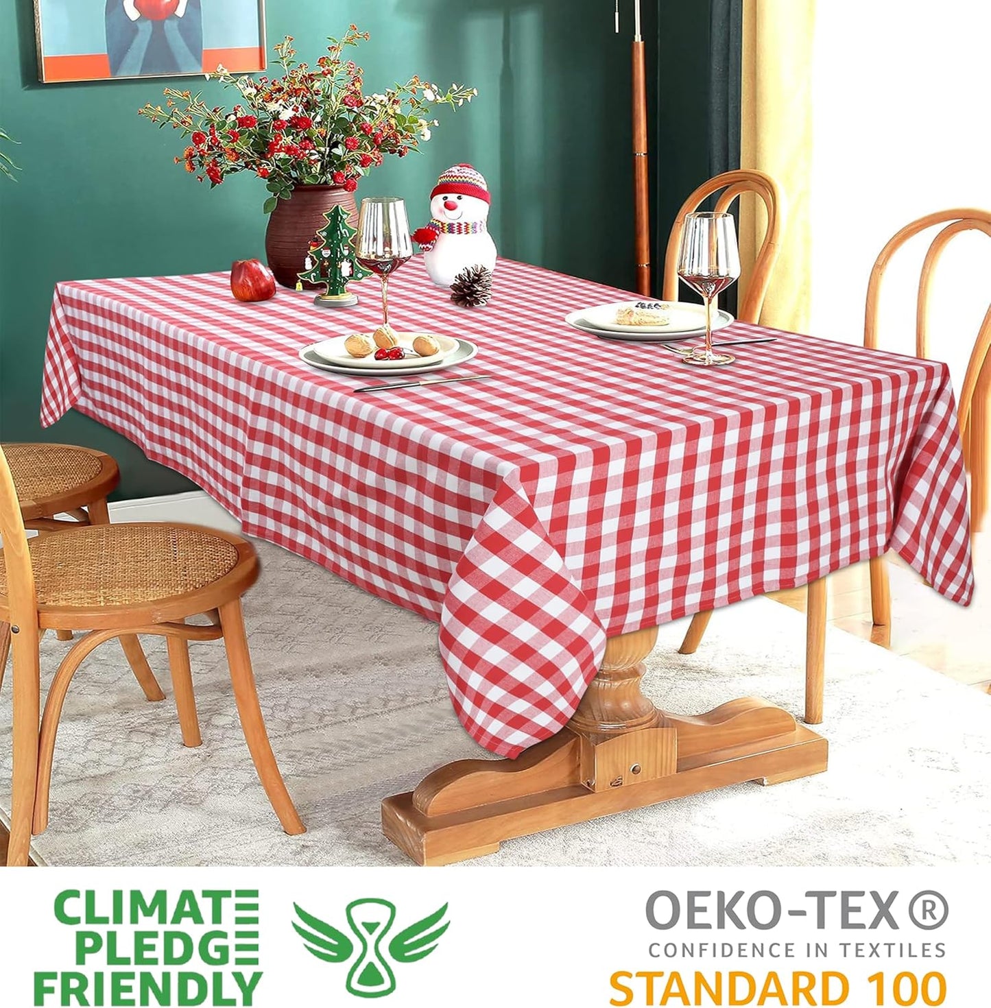 Urban Villa Tablecloth Christmas Table Cloth Tabletop Cover Kitchen Dining Tablecloth 100% Cotton Great Parties Wedding Holiday Dinner Red/White Color Rectangle 60X84 Inches 6-8 Seats Table Cloth