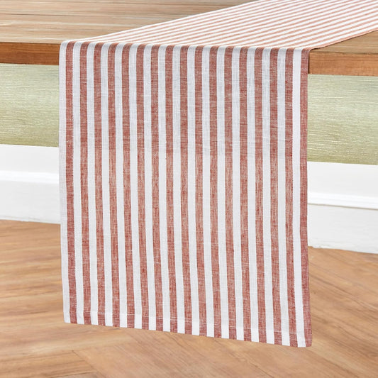 Solino Home Linen Table Runner 90 Inches Long - Amalfi Stripe, 100% Pure Linen Cinnamon and White Farmhouse Table Runner 14 x 90 Inch for Dining, Fall, Autumn, Halloween, Thanksgiving