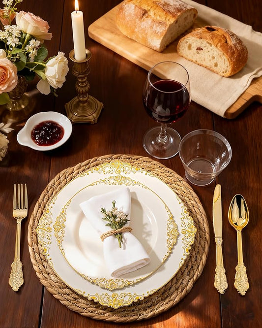 Nervure 100Pcs Ivory Plastic Plates - 7.5inch Ivory and Gold Disposable Plates - Heavyweight Plastic Plate - Dessert Plate for Wedding & Party