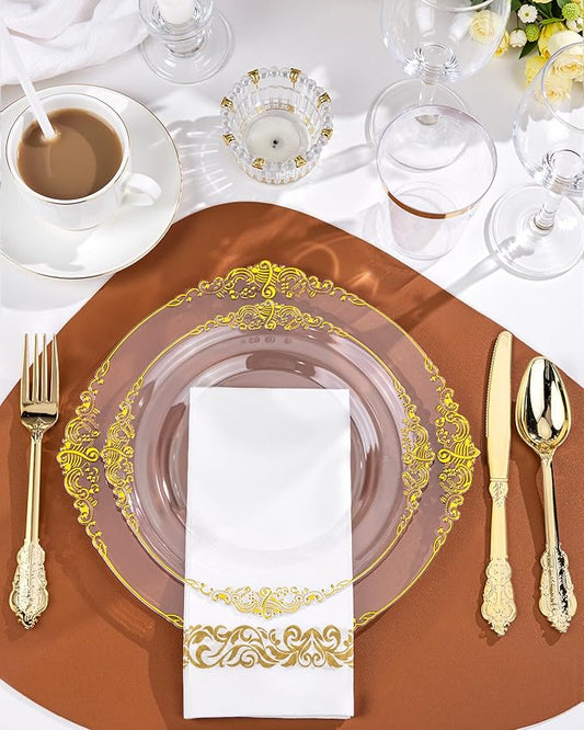 Nervure 100PCS Clear and Gold Plastic Plates - 7.5inch Clear Disposable Plates - Heavyweight Gold Plastic Plate - Dessert Plate for Wedding & Party