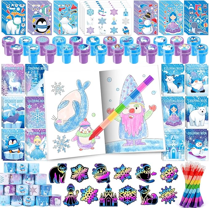 BenLouis 96pcs Frozen Party Favors Set for Kids Winter Snowflake Coloring Book Christmas School Classroom Gift Reward Prize Crafts Bulk for Students Frozen Birthday Goodie Bag Stuffers Supplies