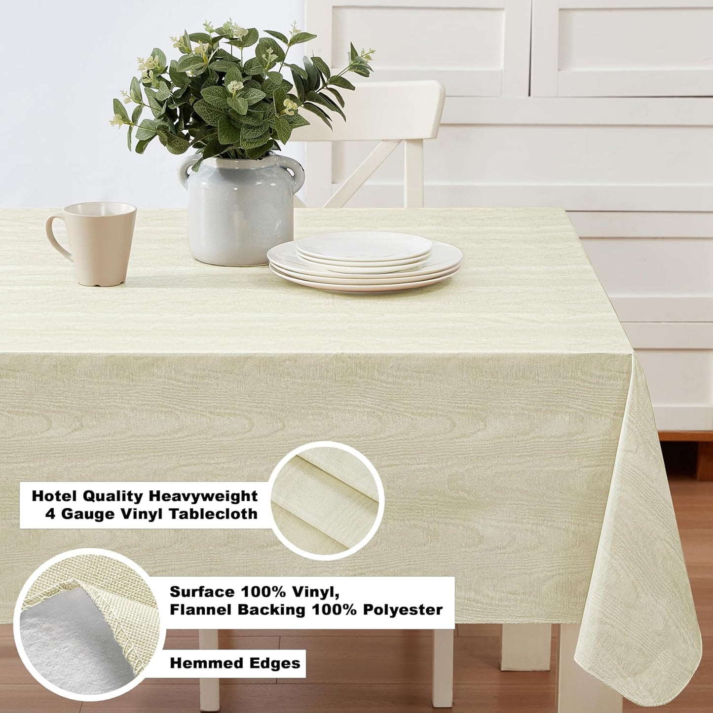 Newbridge Vinyl Flannel Backed Tablecloth, 60 x 102 Inch Rectangle, Beige Moire Wavy Solid Design, Heavyweight Indoor Outdoor Waterproof Table Cover, Easy Care Wipe Clean