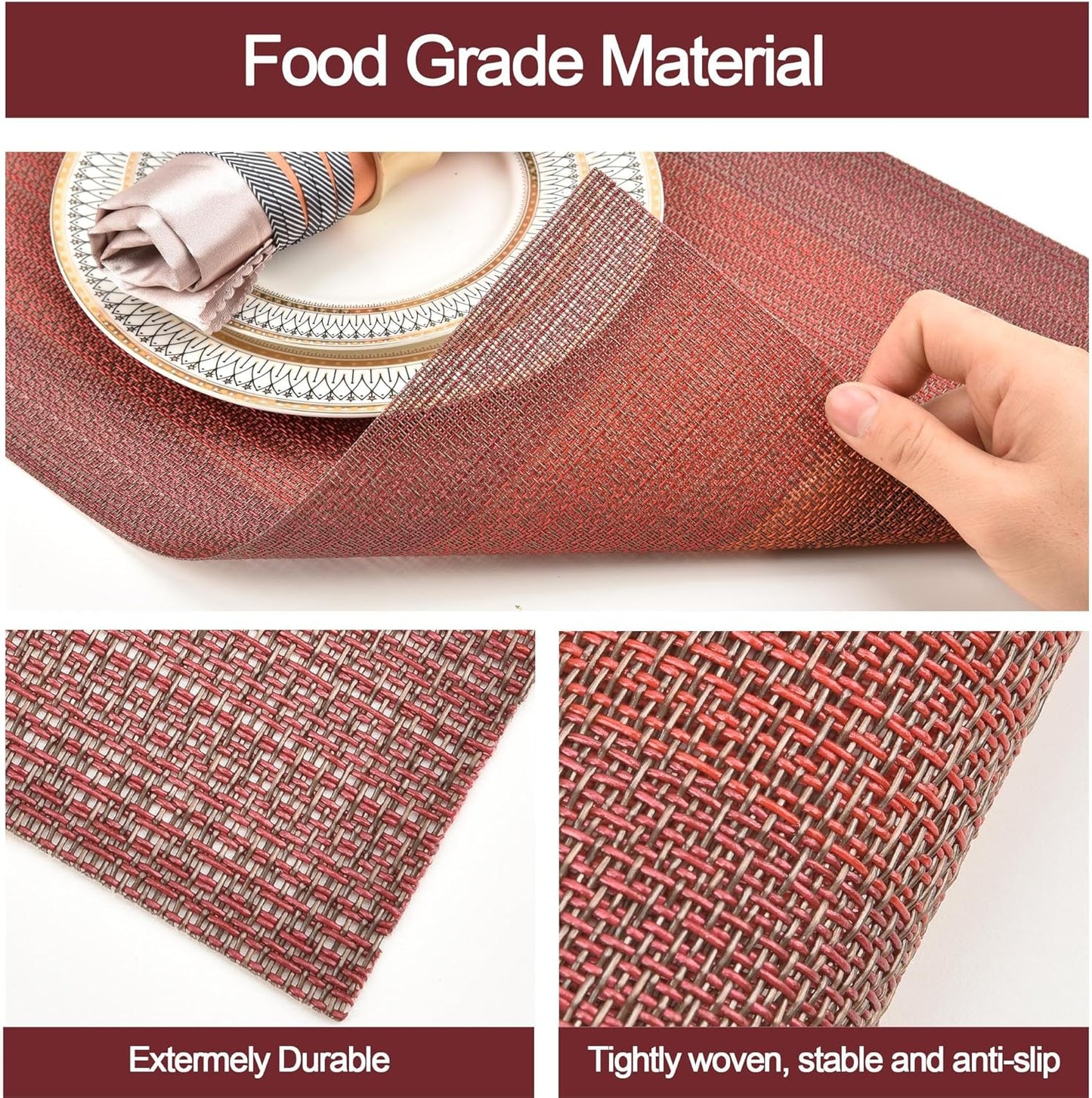 SLKQG Placemats Set of 4 - Easy Clean Washable Vinyl Placemats - Wipeable Heat Resistant Table Mats for Dining Table - 17.7x11.8 Inch (4, Red Gradient)