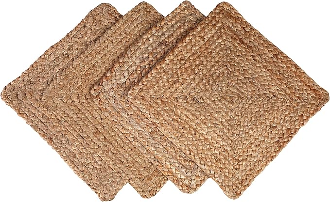 GLAMBURG Jute Braided Placemats Set of 4 Reversible, 100% Jute, Nonslip 13x13 Square Farmhouse Vintage Jute Placemats for Dining Table, Perfect for Indoor Outdoor, Natural
