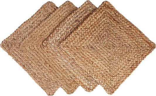 GLAMBURG Jute Braided Placemats Set of 4 Reversible, 100% Jute, Nonslip 13x13 Square Farmhouse Vintage Jute Placemats for Dining Table, Perfect for Indoor Outdoor, Natural