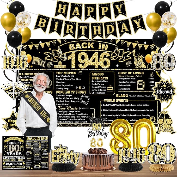 80th Birthday Decorations for Men, Black Gold Back In 1946 Party Supplies Set with Sash, Banner, Backdrop, Balloons, Cake Topper for 80 Year Old Birthday Decorations