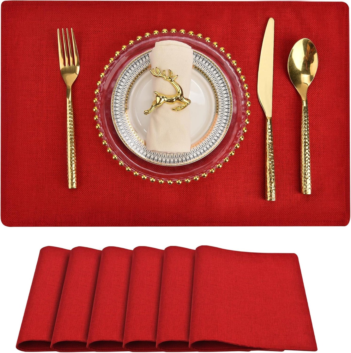 SLKQG Red Linen-Look Fabric Placemats Set of 6, Heat Resistant & Machine Washable Double-Layered Cloth Placemats for Dining Table, Indoor/Outdoor Use, Non-Slip Kitchen Table Mats (6, Bright Red)