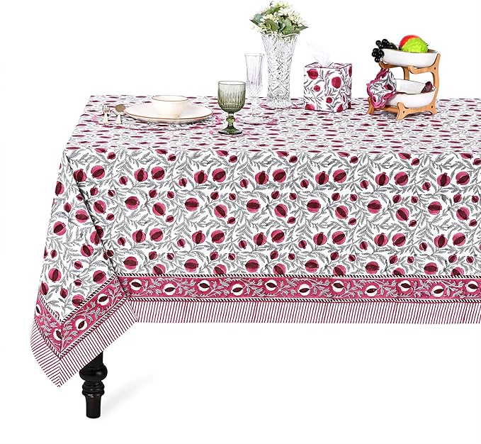 Ridhi Hand Block Print Sangria Red Rectangle Cotton Tablecloth 90" x 60" Reusable Table Cover Decorative Everyday Use for Dining, Farmhouse, Home Gift for Spring, Easter, Valentine