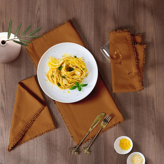 Bedding Craft Cotton Cloth Dinner Napkins Set of 12 – 18x18 Desert Sun with Decorative Lace Selvedge – Durable Machine Washable Fabric Napkins for Weddings, Baby Showers, Parties & Dining