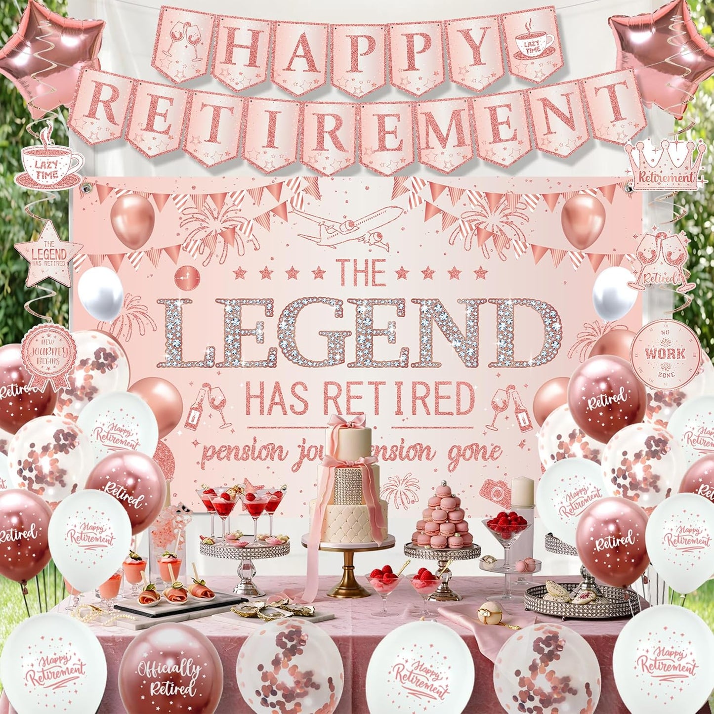 Roetyce Retirement Party Decorations Women, Rose Gold Happy Retirement Banner Backdrop Balloons Hanging Swirls for Coworker Family, Pink Lengend Has Retired Sash & Crown, Office Retired Background