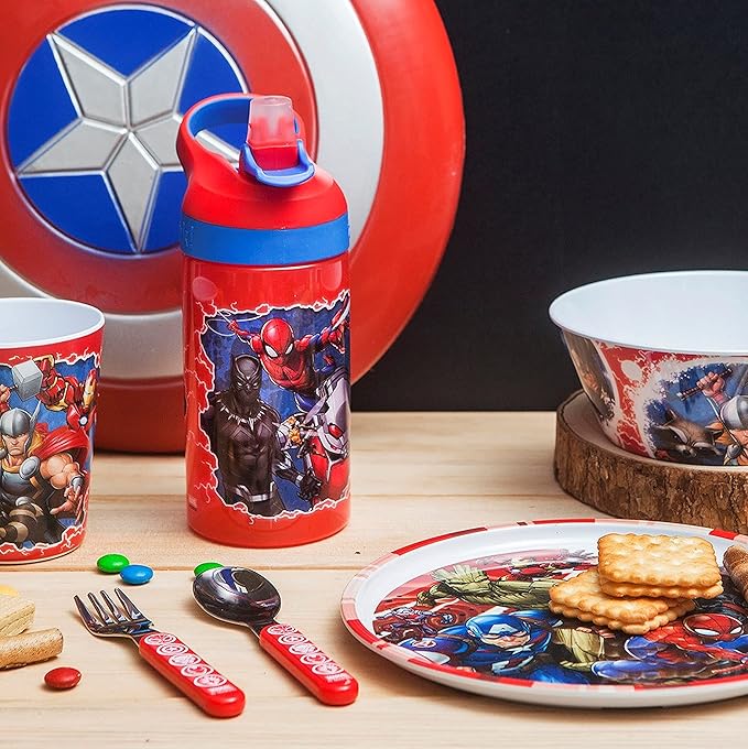 Zak Designs 5-Piece Dinnerware Set, Marvel Universe - Durable Plastic & Stainless Steel - Includes Water Bottle, 8-Inch Plate, 6-Inch Bowl, Fork & Spoon - Suitable for Kids Ages 3+