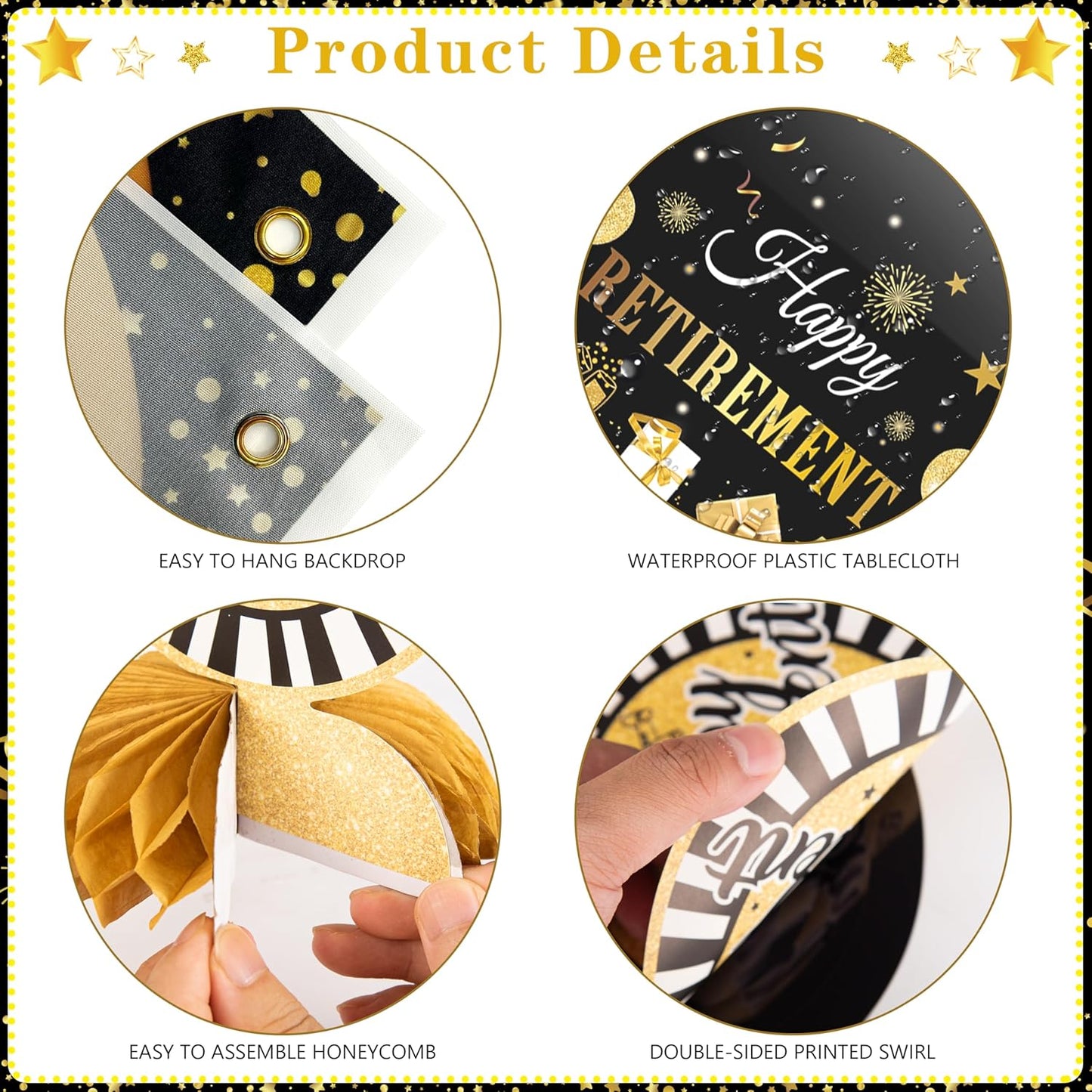 Retirement Party Decorations for Men Women 109Pcs Black Gold Happy Retirement Decorations Retired Banner Backdrop Balloons Sash Hanging Swirls Pompoms Tablecloth Honeycomb Centerpiece(Black Gold)