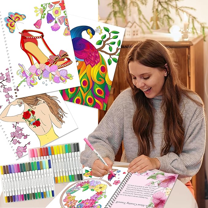Kalysky Adults Coloring Books for Women Set - Relaxation Coloring Book and 36 Color Coloring Markers for Adults, Spiral Binding,Women's Freedom and Stress Relief