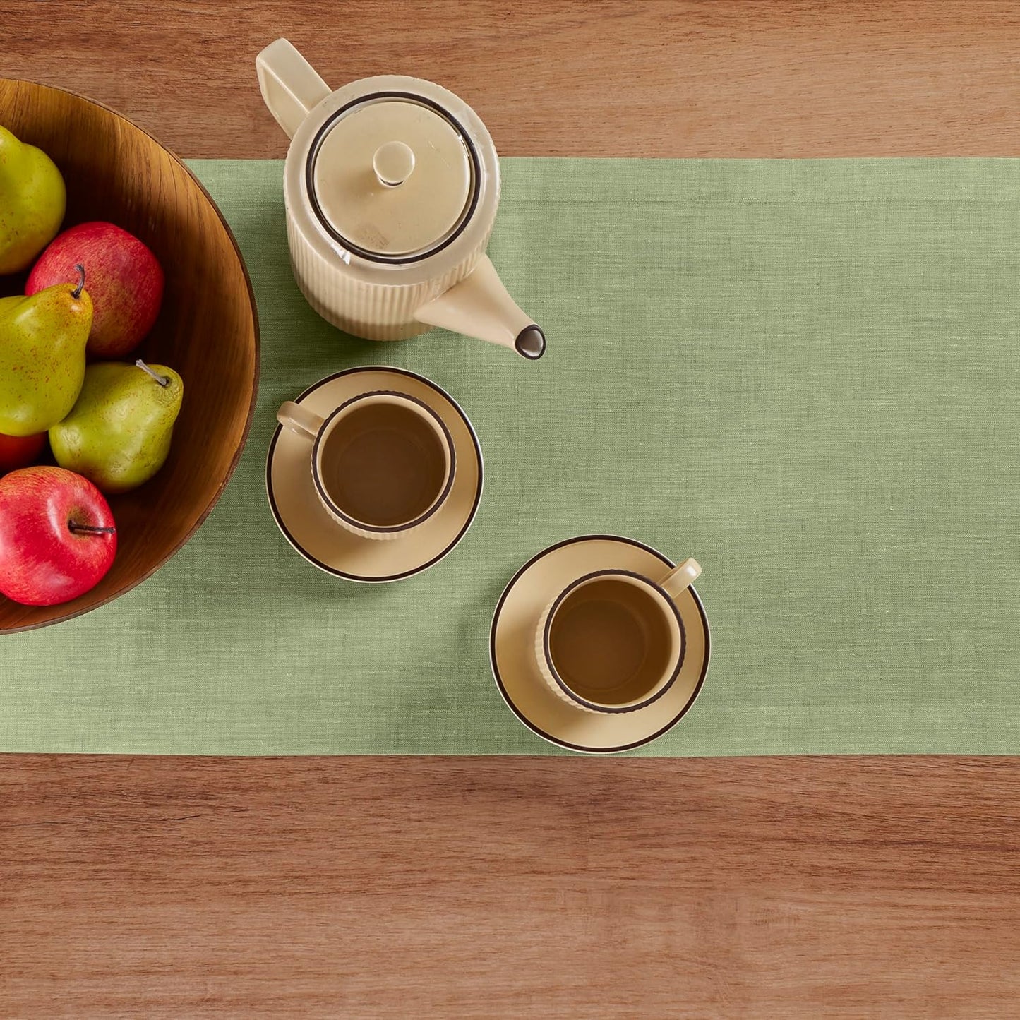 Solino Home Linen Table Runner 120 Inches Long - Athena, 100% Pure Linen Chambray Olive Table Runner 14 x 120 Inch for Dining, Fall, Autumn, Thanksgiving