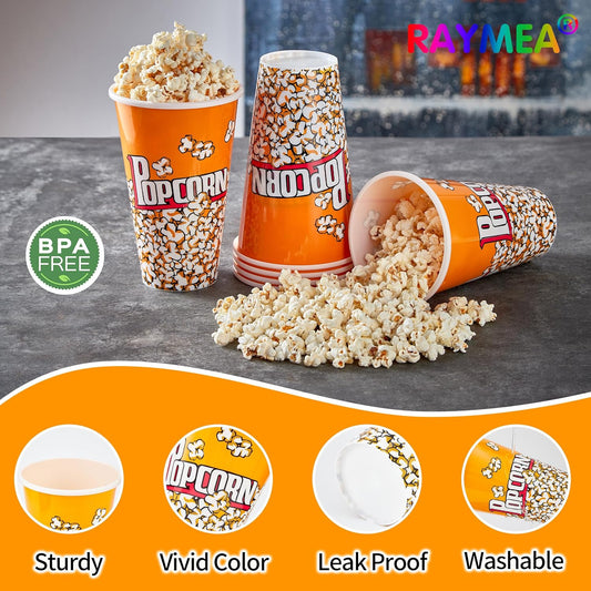 Plastic Popcorn Containers Retro Style Small Reusable Popcorn Buckets for Movie Night-6 Pack